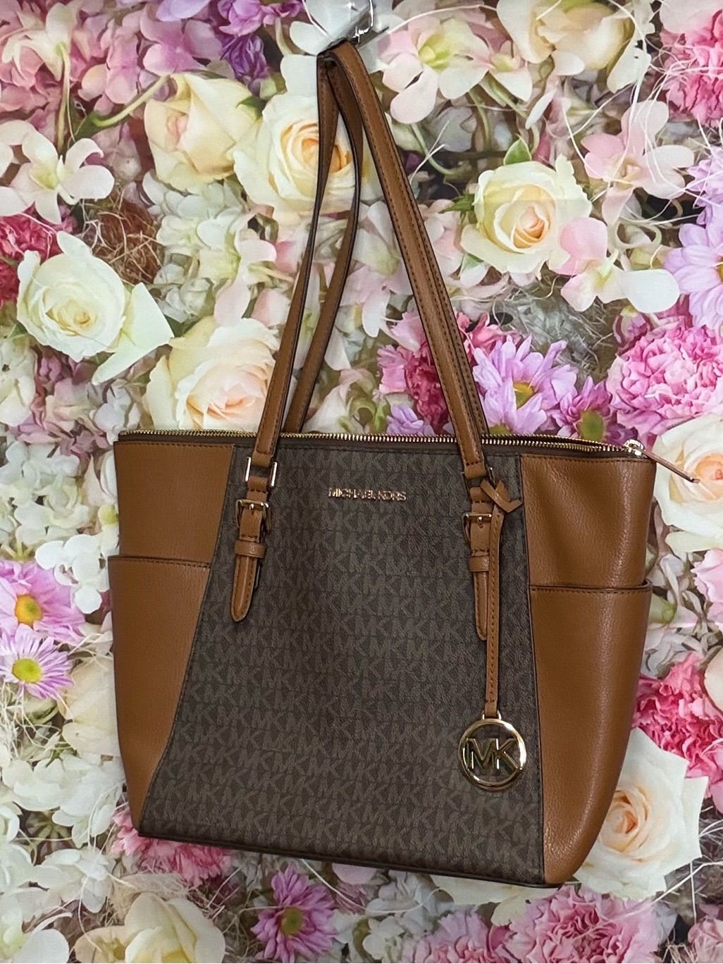 Michael Kors Brown Tan Mk Signature Tote With Gold Charm